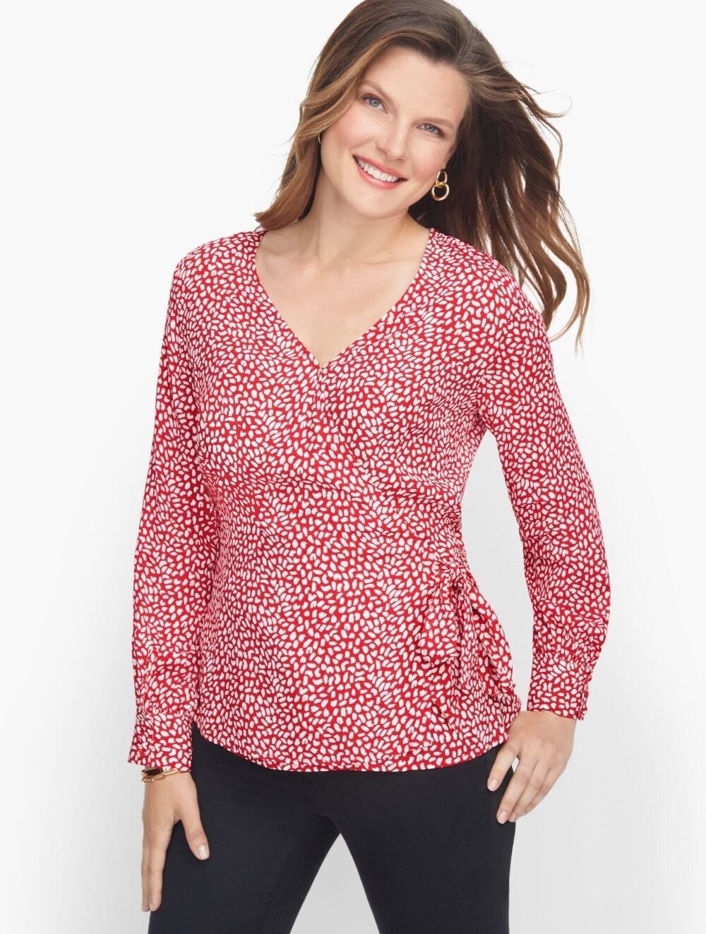 Talbots S Faux Wrap Crepe Blouse Red Leopard Side Tie Long Sleeve Office Career